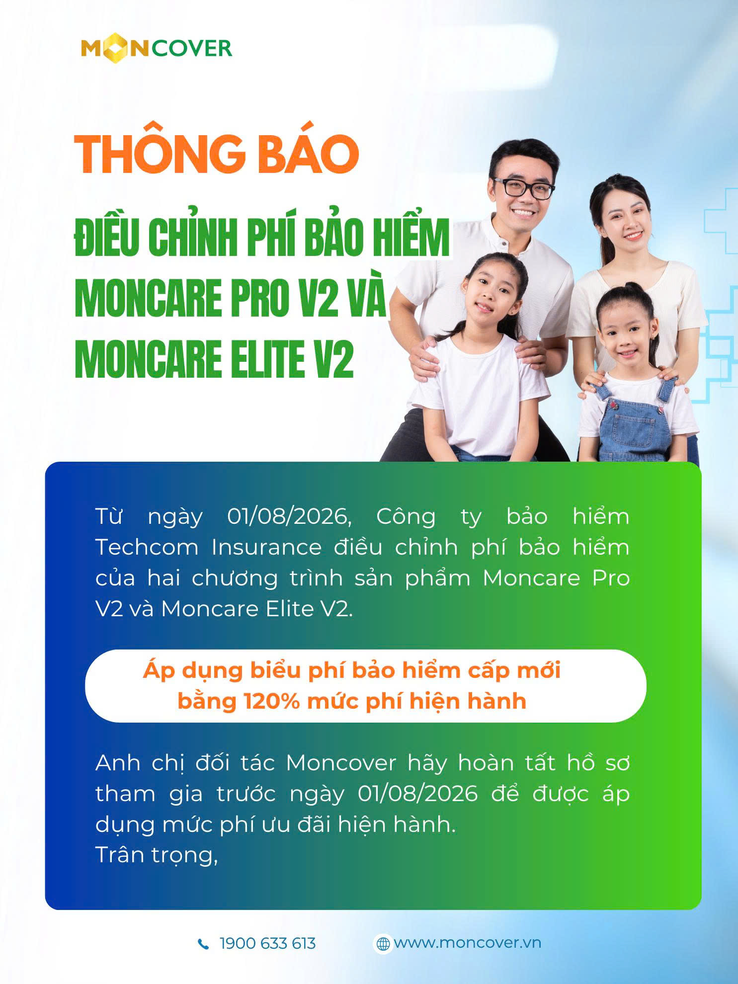 Thông báo Điều chỉnh phí bảo hiểm Moncare Pro V2 & Moncare Elite V2 từ 01/08/2026